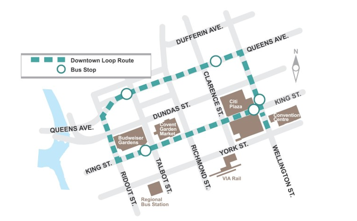 The Downtown Loop will include the following streets: Queens Avenue, Wellington Street, King Street and Ridout Street. For more information, please contact Jennie Dann by calling (519) 661-2489 x 5823 or by emailing jdann@london.ca