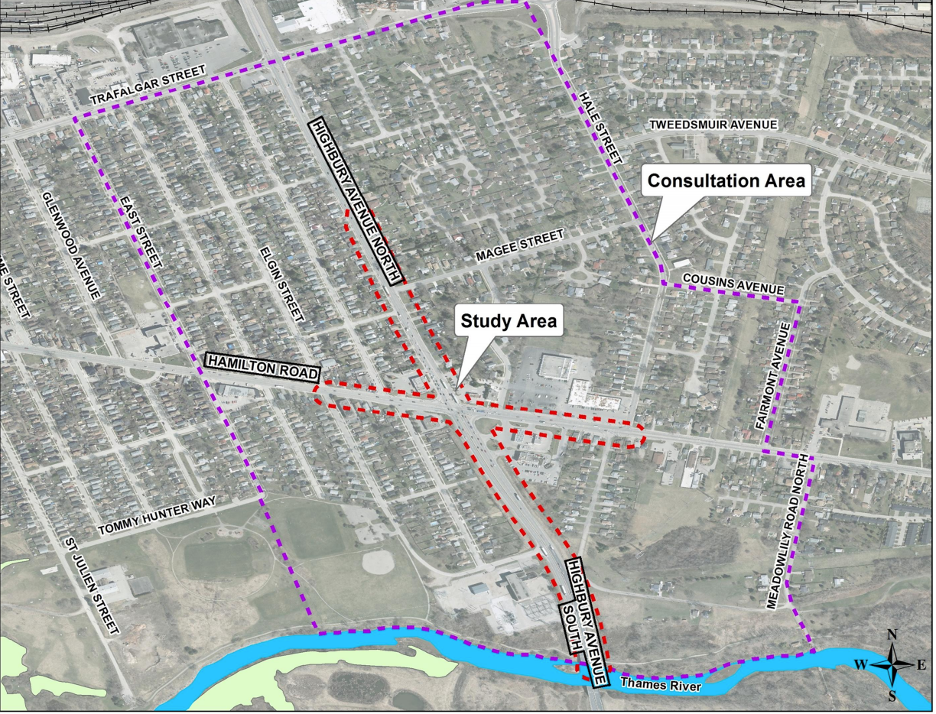 The study area was the intersection of Highbury Avenue and Hamilton Road. The team also had a larger consultation area that included all major streets in the region, such as Trafalgar Street. For more information, please contact: Garfield Dales by emailing gdales@london.ca or by calling 519-661-2489 extension 4637. 