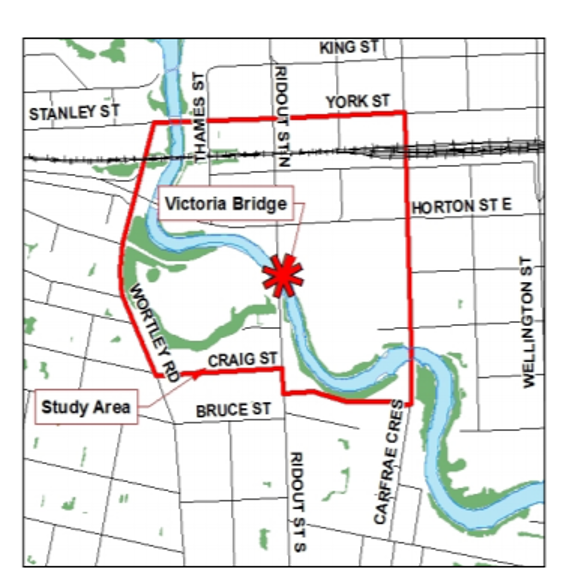 The project study area encompasses the area bounded by York Street to the north, Craig Street/Carfrae Street to the south, Richmond Street to the east and Wortley Road to the west. It also includes portions of the downstream and upstream sections of the Thames River. For more information, please contact Karl Grabowski at kgrabows@london.ca or 519-661-2489, extension 5071. 