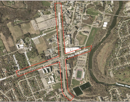 The project study area covers the Western Road and Sarnia Road/Philip Aziz Avenue intersection and along the Western Road corridor between Huron University College and Platts Lane, and Sarnia Road east from Coombs Avenue. For more information, please contact Karl Grabowski at kgrabows@london.ca or 519-661-2489, extension 5071. 