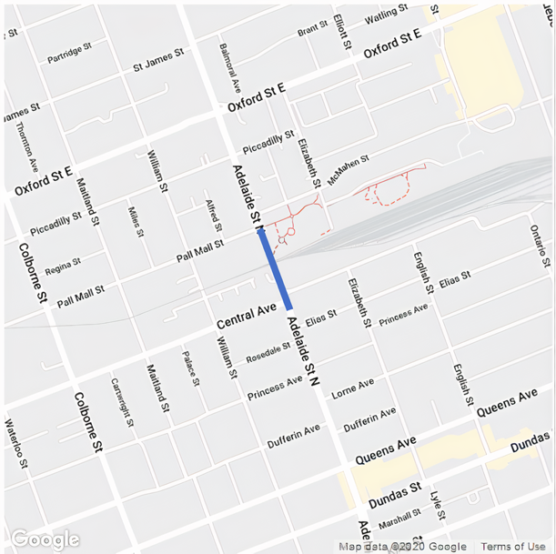 Adelaide Street between Central Avenue and Pall Mall Street will be closed to all road users starting November 7 at 6 a.m. until November 8 at approximately 11 p.m. For more information, please contact Garfield Dales at gdales@london.ca or by calling 519-661-2489 x4637.