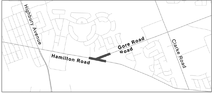 This figure illustrates the limits of the study area at the intersection of Hamilton Road and Gore Road, with Highbury Avenue identified to the west and Clarke Road identified to the east to reference the location. For more information, please contact Paul Yanchuk at pyanchuk@london.ca or by calling 519-661-2489 Ext.2563