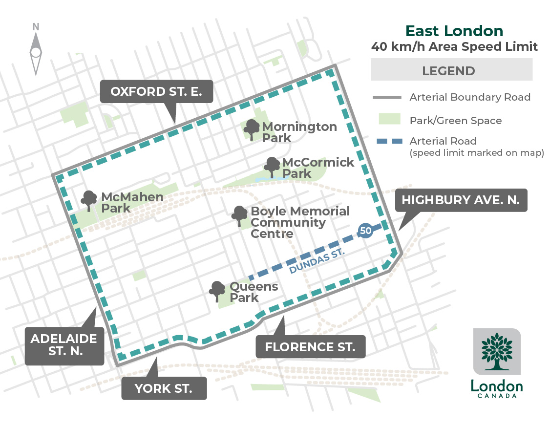 A map of the east end of London and Old East Village. For more information or to request assistance, please contact cocc@london.ca