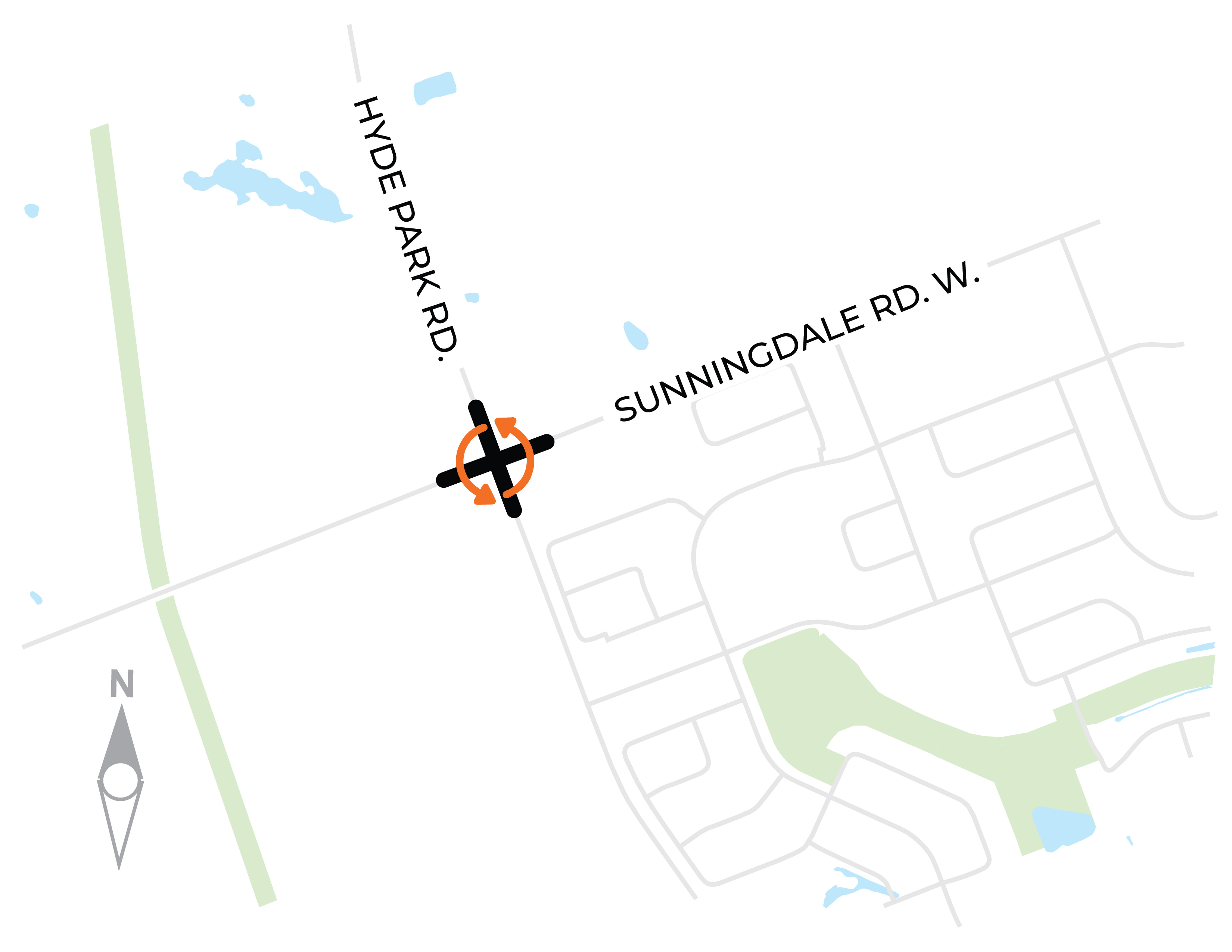 The construction limits. The City will be reconstructing Hyde Park Road and Sunningdale Road West within 200 meters of the intersection. For more information, please contact John Bos at jbos@london.ca or by calling 519-661-2489 ext. 7348