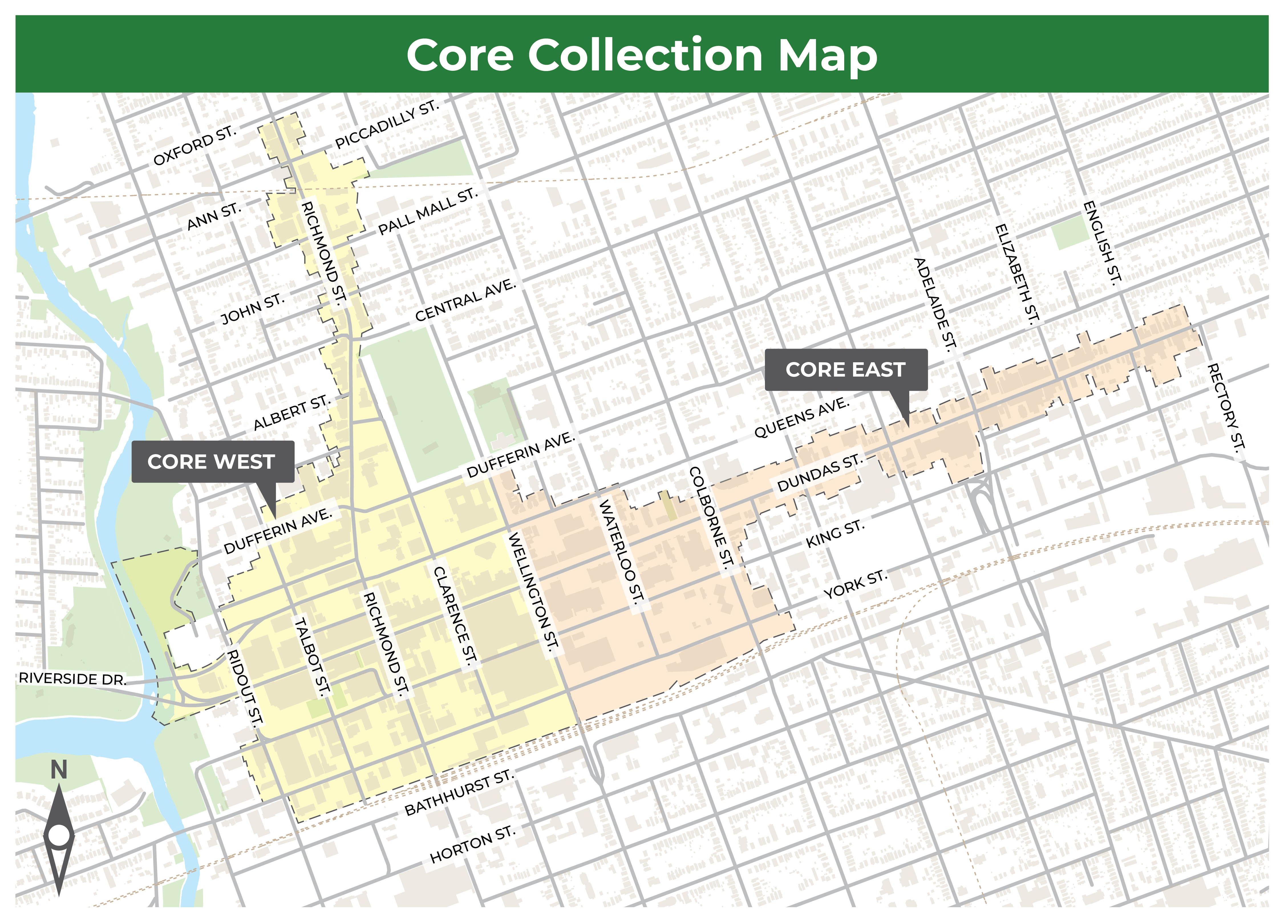 A map of the core area garbage collection zone. For assistance and to ask questions, please contact es@london.ca