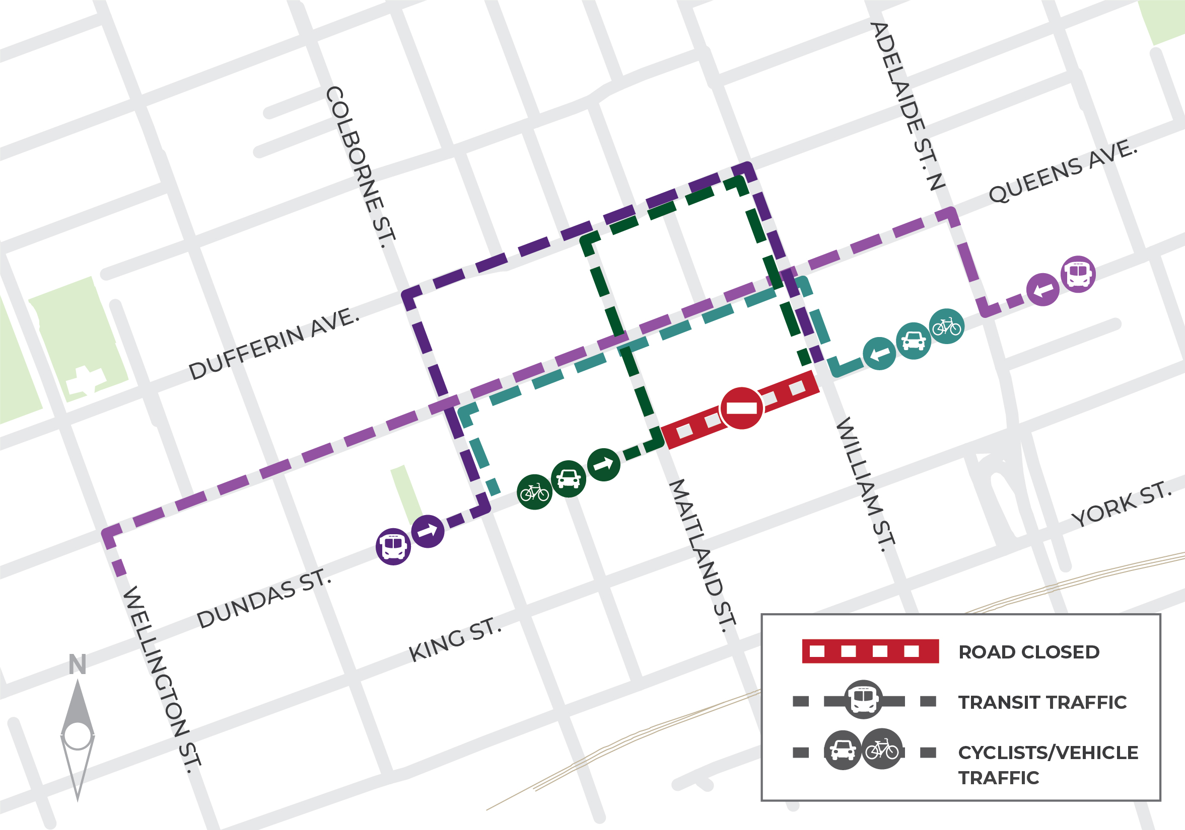 map of road closure on Dundas St between Maitland and William St